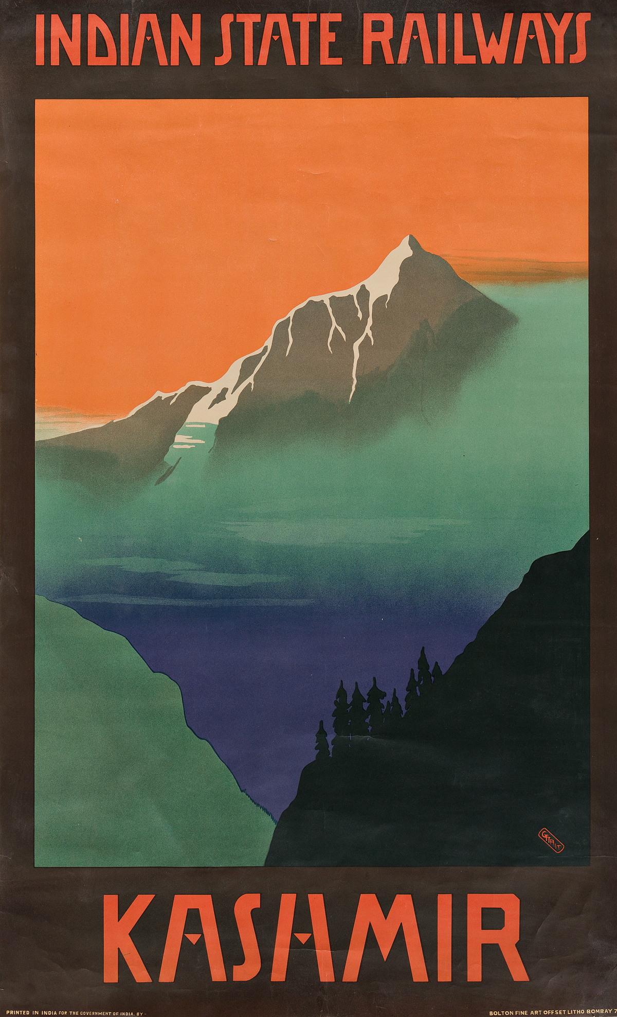 GERALD GEORGE WYNNE TREVREDYN TAIT (1891-1954). INDIAN STATE RAILWAYS / KASHMIR. Circa 1930s. 39x24 inches, 100x61 cm. Bolton Fine Art,